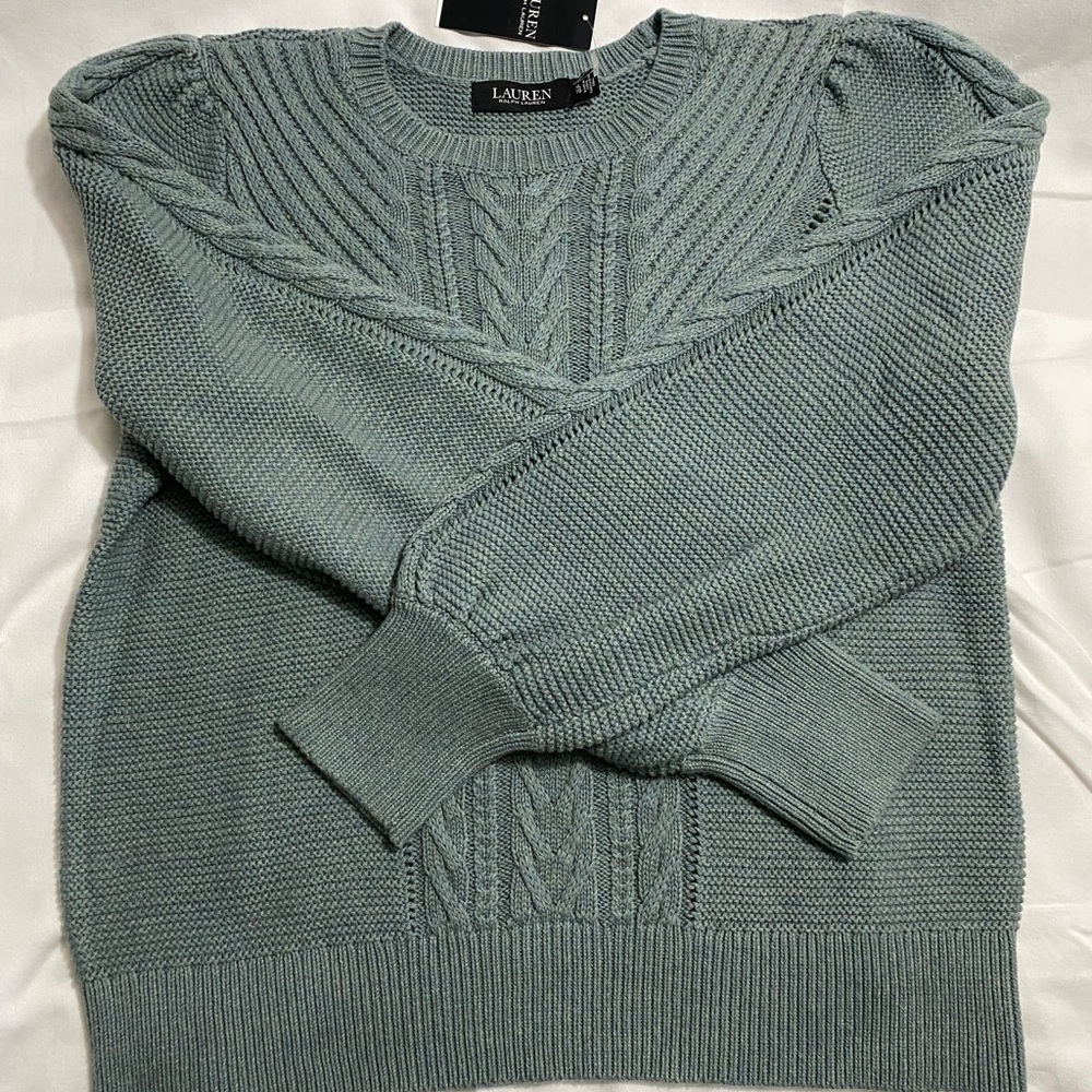 Ralph Lauren Green Crewneck Sweater with Geometric Ribbed Design